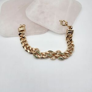 Chain Gold Laminate Bracelet With Green Accents